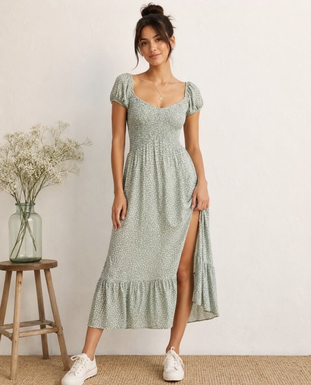 Hollister Milkmaid Floral Smocked Slit Maxi Dress Sz L Puff Sleeves Cottagecore